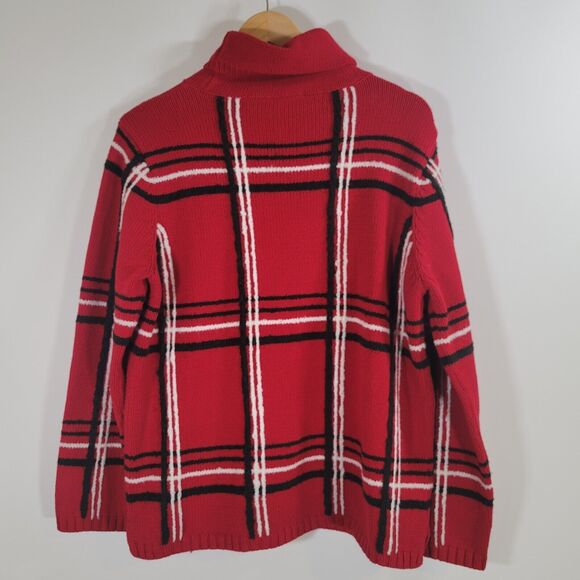 LIZ CLAIBORNE Red Knit Windowpane Plaid Sweater Size L Cotton Blend Turtleneck - Picture 8 of 8